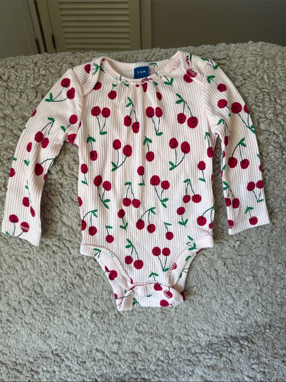 Old Navy Pink Ribbed Cherry-Print Long-Sleeve Bodysuit